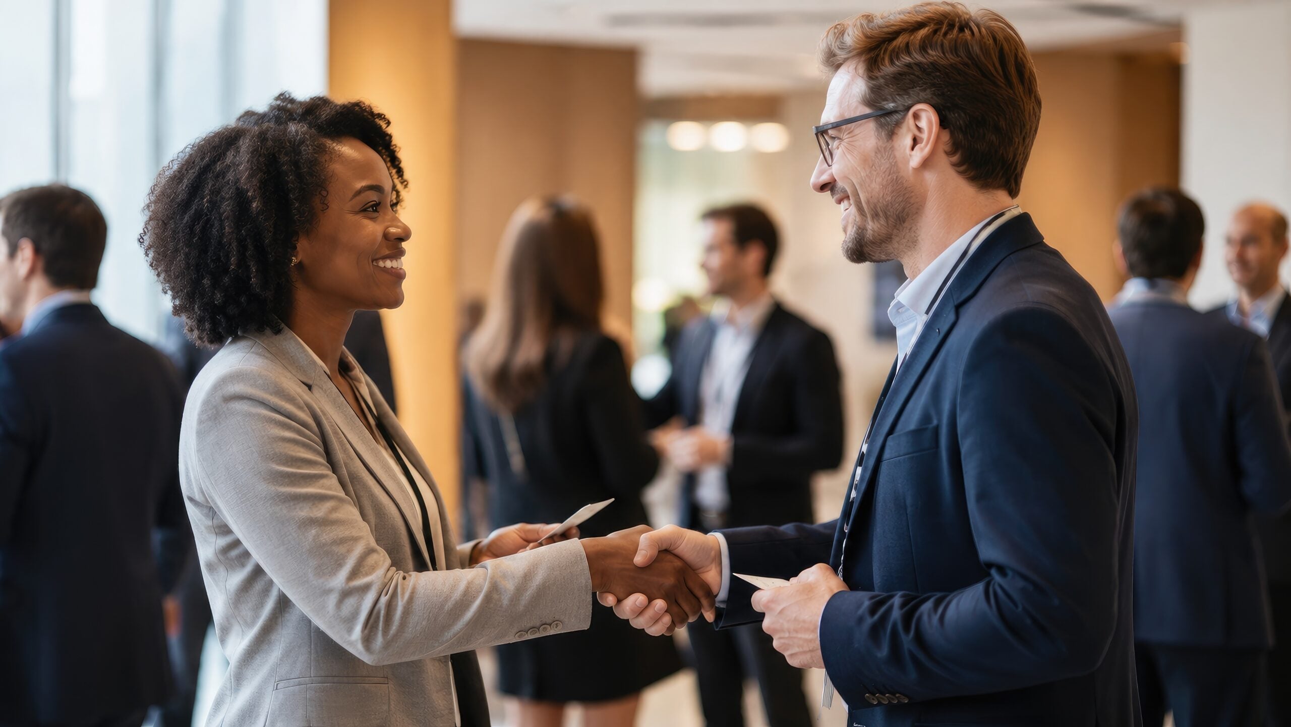 Two professionals exchanging business cards and shaking hands